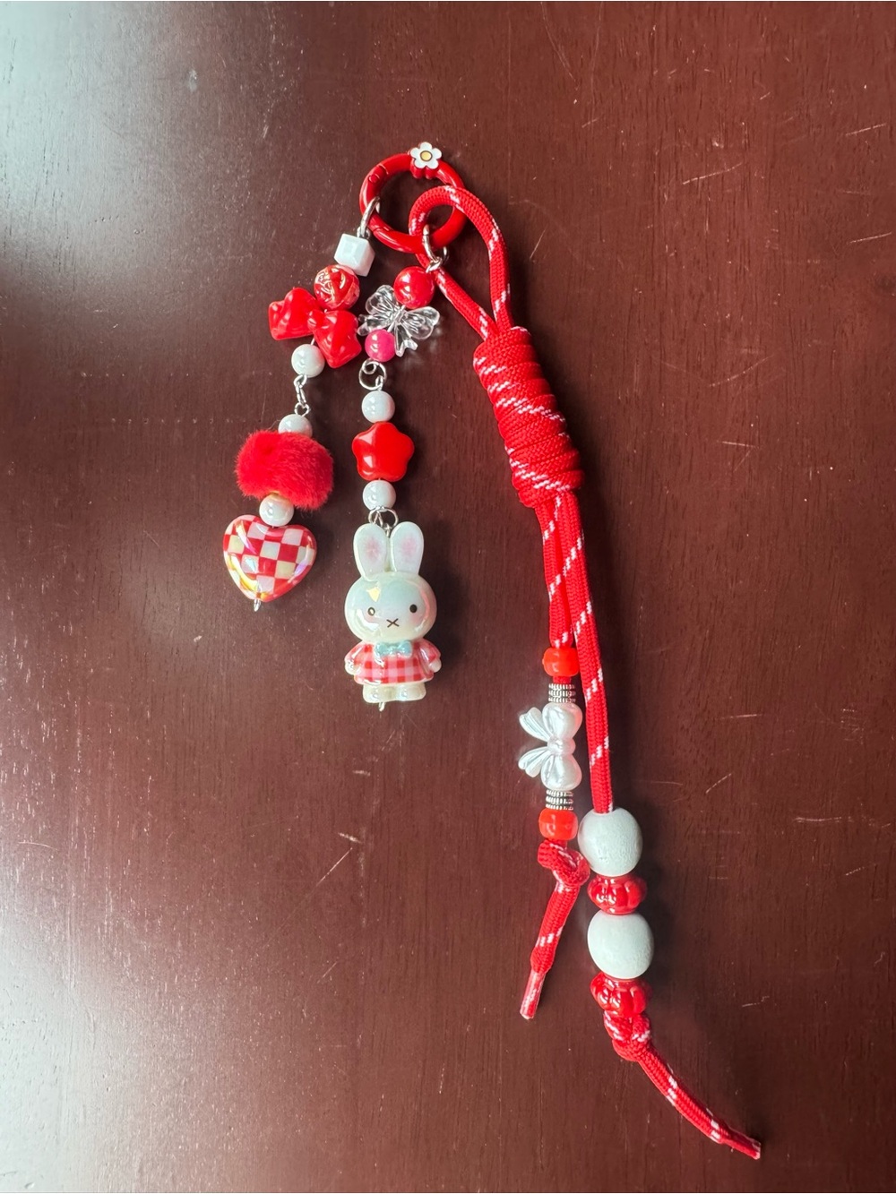 Miffy Bag Charm Keychain with Red Checkered Heart and Whimsical Beads